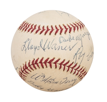 Hall of Famers 8 Signature New York Yankees Logo Baseball Including Lloyd Waner, Rube Marquard, Red Ruffing, Bowie Kuhn, Bill Terry and Stan Musial (JSA) 